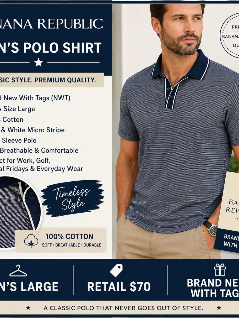 Banana Republic Men’s Navy & White Micro-Stripe Polo